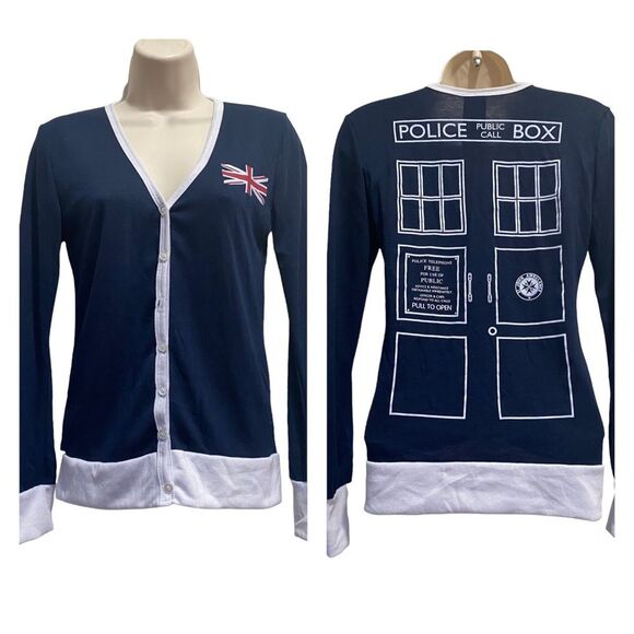 Dr. Who Call Box Phone Booth Lightweight Cardigan Blue Sz S - Picture 1 of 8
